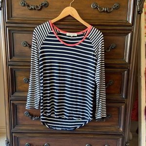 Pink rose - medium stretchy long sleeve - blue white stripe, pink neck